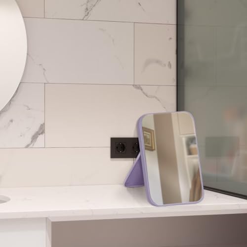 8-Inch Table Desk Vanity Makeup Mirror, Simple Portable Travel Mirror with Stand, Standing and Wall Hanging Dual-use, Purple - color: Purple