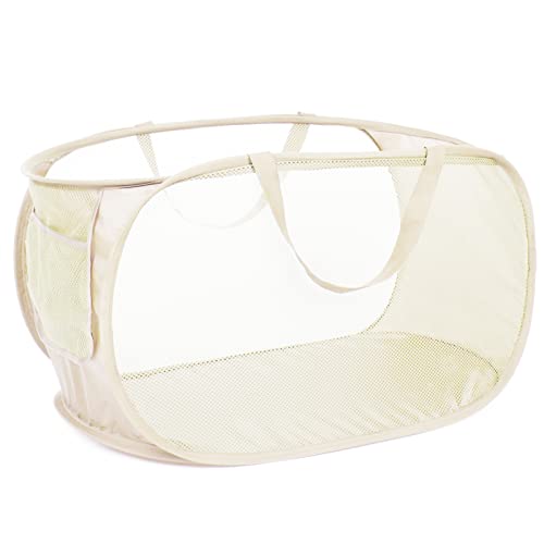 Durable Collapsible Laundry Baskets, Mesh Pop Up Laundry Hamper with Side Pocket, Foldable Clothes Storage Hamper with Reinforced Carry Handles for Laundry, Bathroom, Kids Room, Dorm or Travel Beige - color: Beige