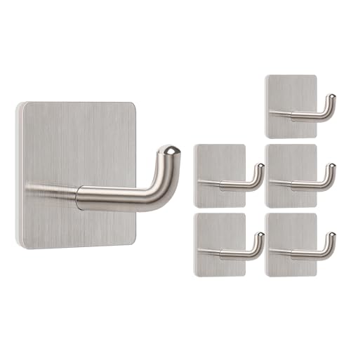 Livabber Adhesive Towel Hooks, 304 Stainless Steel Self Sticky Wall Hooks Waterproof Shower Hooks for Robe/Clothes, No Drilling Towel Hangers for Bathroom Kitchen Bedroom (Brushed Nickel, 6 Packs) - color: Brushed Nickel, size: 6 Pack
