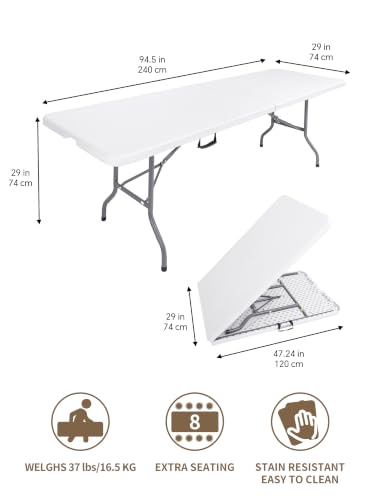 8 Foot Folding Table Portable, 8FT Folding Dining Table for Indoor Outdoor, Heavy Duty Fold-in-Half Plastic Long Large Rectangular Utility Card Tables for Picnic Camping Party, 95x29 inch - size: 8 FT