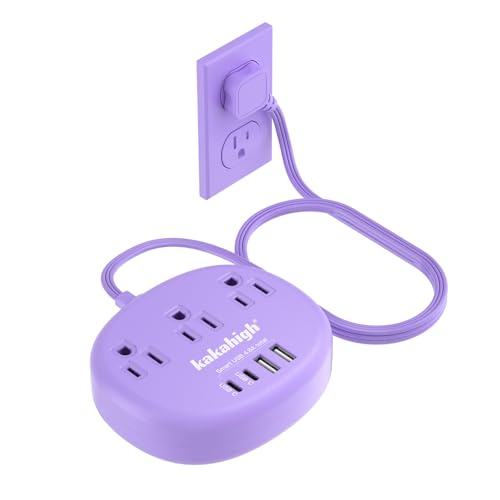Purple Extension Cord with USB C - 5 FT Flat Power Strip, 1625W Cute Extension Cord with 3 AC Outlet 4 USB (24W/4.8A), Compact for Cute Purple Kawaii Lavender Accessories - color: purple, size: 5FT
