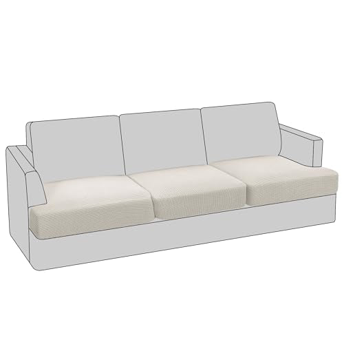 PrinceDeco Stretch T Cushion Sofa Slipcovers 3 Piece Sofa Couch Cover for 3 Cushion Sofa Seat Cover with Elastic Bottom Pets Friendly Jacquard Small Checked,Ivory - color: Ivory, size: 3 Cushion Sofa