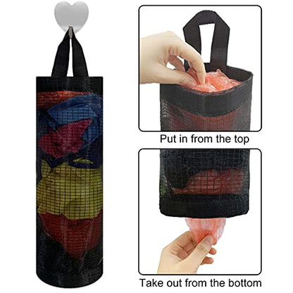 2 Pcs Plastic Bag Holder Trash Bags Storage Dispenser Organizer for Home Kitchen Mesh Hanging Storage Dispensers Recycling Garbage Folding Hanging Storage Bag Grocery Bags Holder with 2 Hooks (Black)