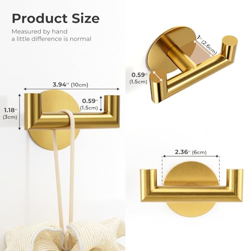 GWAAZXGZ 2 Pack Brushed Gold Bathroom Hooks for Towels - Self Adhesive Double Hooks for Wall, No Drilling, Stainless Steel 304, Strong Hold for Robes, Coats, Shower Use - color: Gold