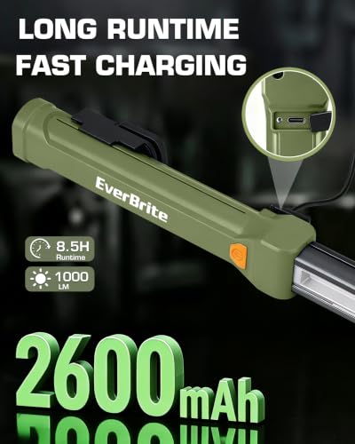 EverBrite 1000LM Magnetic Work Light, Rechargeable LED Mechanic Light with Dual Magnetic Bases & 360° Hanging Hooks, 4 Modes Under Hood Work Light for Car Repair, Garage, Emergency, 1 Pack Green - color: Green