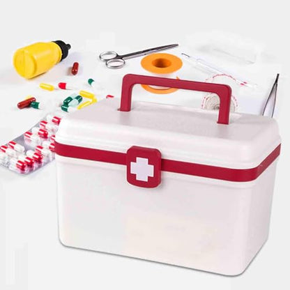 Medical First Aid Box with Handle and Detachable Tray, Double Layer Medicine Storage Case, Multipurpose Emergency Supplies Organizer for Home/Office/Travel/Car/Dorms