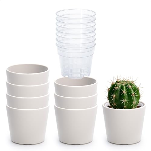 Phoenix Vine 3.5 Inch Oatmeal Plastic Cachepot with Clear Nursery Pot, Decorative Lightweight Planter Cover with Transparent Inner Pot for Indoor Houseplants, Pack of 8, 24-A-G-8 - color: Oatmeal, size: 3.5" (8 Pack)
