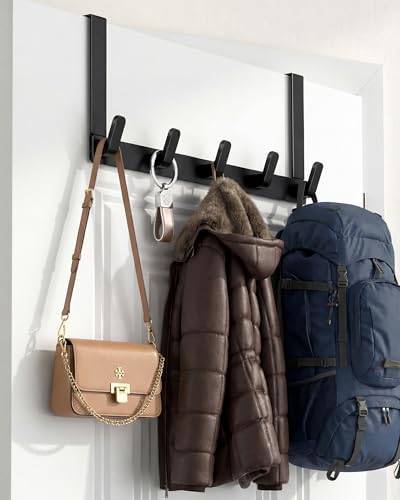 KitchLife Over The Door Hooks - Heavy Duty 5-Hook Organizer, 80lb Total Capacity for Robes, Coats & Towels, Fits 1 3/8" Doors, L18U, Gap-Free & Scratch-Free Design, Black,1-Pack - color: Matte Black, size: Fits 1-3/8" Doors with 7" Arms-1 Pack
