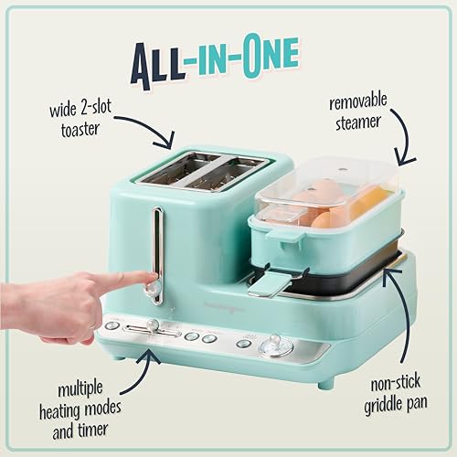 Nostalgia Classic Retro 3-in-1 Breakfast Station, 2-Wide Slot Toaster With Adjustable Toasting Control, Non-Stick Griddle, 6 Capacity Egg Cooker With Lid - color: Aqua, style: Classic