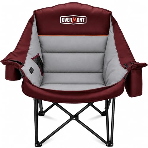 Overmont Gentle Heated Oversized Camping Chair for Adults - 3 Levels Seat & Back Separately Control - 500lbs Support Heavy Duty Padded Folding Chair Outdoor Garden Portable - Battery NOT Included - color: Red