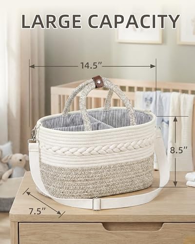 Baby Diaper Caddy Organizer With Handle, Cotton Rope Baby Shower Basket, Large Diaper Caddy with Shoulder Straps for Newborn Parents, Home and Car Travel, 14.5"x8.5"x7.5