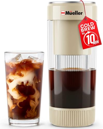 Mueller RapidBrew Cold Brew Coffee Maker – 10 Min Fast Brew Portable Rechargeable Cold Brew Pitcher Machine for Coffee & Tea – Adjustable Strength 10-99 Min – 20 Servings Per Charge, Cappuccino Beige - color: Cappuccino Beige