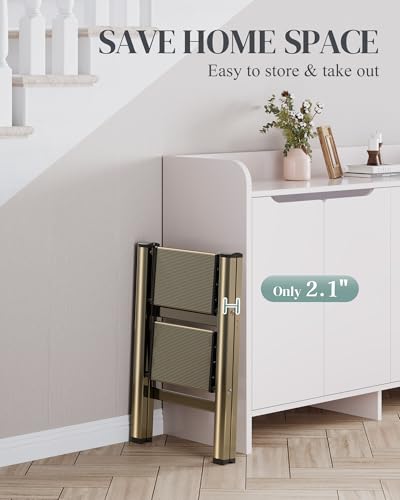 2 Step Ladder, Folding Step Stool with Wider Pedal, Anti-Slip Feet & Non Slip Stripes, Aluminum Sturdy Material, 300Lbs Capacity, Elegant Look of Champagne Gold Better Matches Your Home - color: Champagne Gold, size: 2 Step