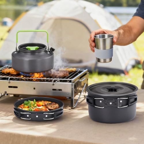 ROVSUN 34 pcs Camping Cookware Mess Kit, Lightweight Non-Stick Camping Cooking Pot and Pan Set with Stainless Steel Camping Gear Kettle Cup for Open Fire, Backpacking, Outdoor Cooking