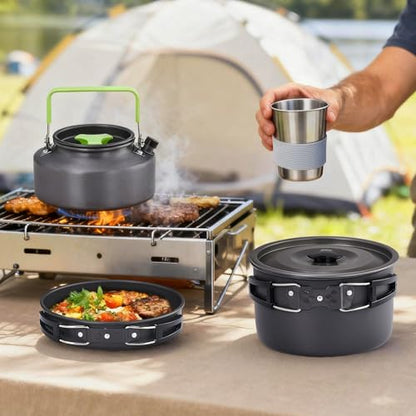 ROVSUN 34 pcs Camping Cookware Mess Kit, Lightweight Non-Stick Camping Cooking Pot and Pan Set with Stainless Steel Camping Gear Kettle Cup for Open Fire, Backpacking, Outdoor Cooking