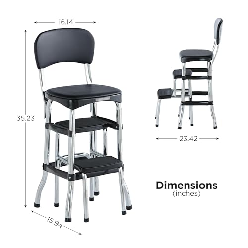 COSCO Retro Plastic & Vinyl Upholstered Stylair Retro Counter Height Chair with Step Stool, Comfortable Cushioned Seat and Back, in Black & Chrome Finish - color: Black