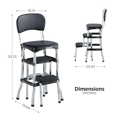 COSCO Retro Plastic & Vinyl Upholstered Stylair Retro Counter Height Chair with Step Stool, Comfortable Cushioned Seat and Back, in Black & Chrome Finish - color: Black