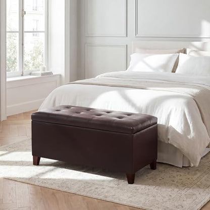 Asense Storage Ottoman Bench, 33" Faux Leather Upholstered End of Bed Bench with Safety Hinge,Wooden Legs,for Entryway Bedroom Living Room,Chocolate Brown - color: 33" Chocolate Brown Faux Leather