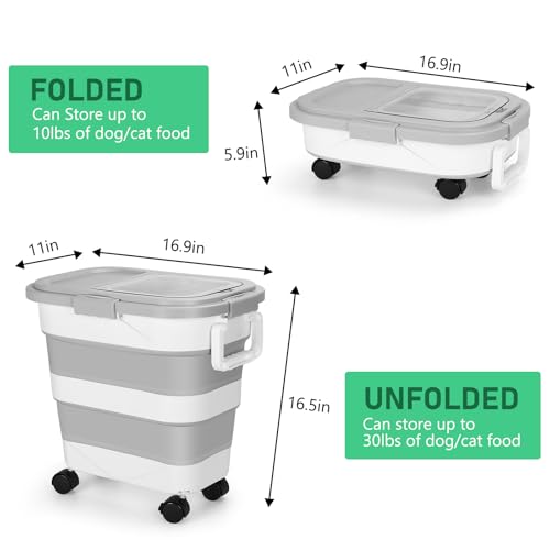 ShineMe Dog Food Storage Container, 30 Lbs Collapsible Food Storage Containers with Rolling Wheel Airtight Locking Lid, Cat Foods Bin with Cup and Scoop, Suitable for Pet Snack, Rice, Flour (Grey) - color: 30 Lbs Grey
