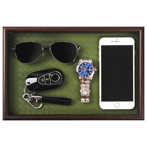 Wooden Valet Tray with Leather Base - Nightstand Catchall Organizer for Cologne, Perfume, Keys, Wallet, Phone, Watch, Jewelry & Sunglasses (Green) - color: Green
