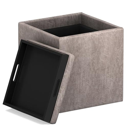 SIMPLIHOME Rockwood Cube Storage Ottoman with Tray - 17" Wide x 17" High Upholstered Vegan Leather Square Storage Ottoman in Distressed Grey Taupe, Contemporary Cube Ottoman with Serving Tray - color: Distressed Grey