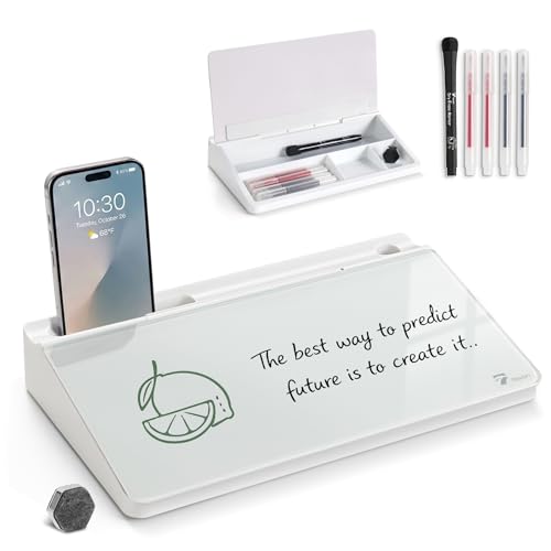 TOWON Small Compact Glass Desktop Whiteboard with Storage – 12 x 7 in Dry Erase Board for Desk, Home Office, School | Includes 5 Markers, Eraser & Holder | Space-Saving Organizer, Aesthetic White - color: White