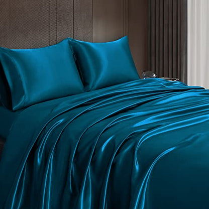 Homiest 3pcs Satin Sheets Set Luxury Silky Satin Bedding Set with Deep Pocket, 1 Fitted Sheet + 1 Flat Sheet + 1 Pillowcase (Twin Size, Dark Teal) - color: Dark Teal, size: Deep pocket - Twin size