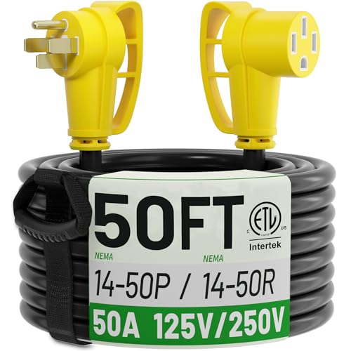 POWGRN NEMA 14-50P to NEMA 14-50R 50 Amp RV/EV Extension Cord 50 FT Outdoor with Grip Handle, Flexible Heavy Duty RV Power Cord Waterproof, 50A 125/250V 6250/12500W STW, Black-Yellow, ETL Listed - size: 50 FT, style: 50 AMP (14-50P/R)