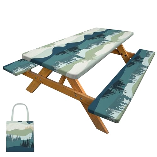 Picnic Table Cover with Bench Covers Camping Tablecloth with Storage Bag Windproof Waterproof Picnic Table Covers with Elastic for Camping - color: Green Blue, size: 72x30in