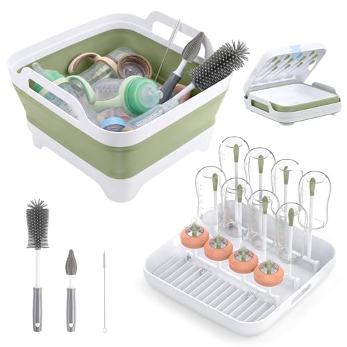 Collapsible Wash Basin for Baby Bottles with Drying Rack – 2.4 Gallon Foldable Dish Tub with Handles, Portable RV Camping Sink & Space-Saving Wash Bin with Lid for Kitchen, Travel & Outdoor, Green - color: Green
