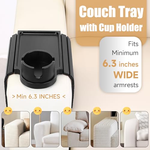 SINWANT Couch Cup Holder Tray,Foldable Sofa Arm Clip on Tray Table with 360° Rotation Cup Holder,Bamboo Anti-Slip Couch Armrest Table for Coffee Cup,Water Bottles,Mug,Snacks,Remote on Large Armrest - color: Black