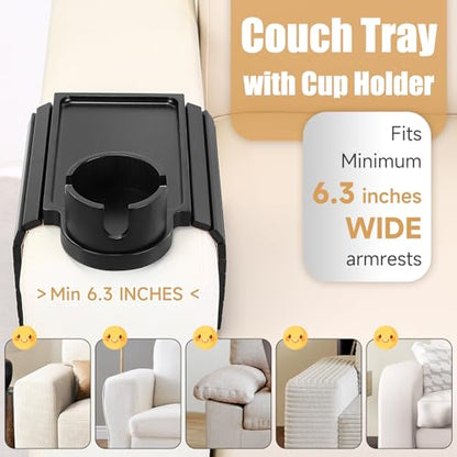 SINWANT Couch Cup Holder Tray,Foldable Sofa Arm Clip on Tray Table with 360° Rotation Cup Holder,Bamboo Anti-Slip Couch Armrest Table for Coffee Cup,Water Bottles,Mug,Snacks,Remote on Large Armrest - color: Black