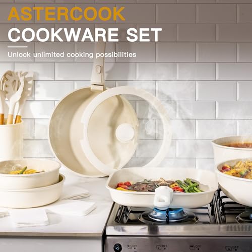 Astercook 23 Pcs Pots and Pans Set Non Stick, Ceramic Cookware Set Detachable Handle, RV Kitchen Cooking Set Removable Handles, Oven Safe, Induction Ready, Stackable, Cream, Fathers Day Gift for Men - color: Cream White, size: 23 Piece