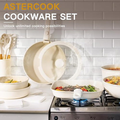 Astercook 23 Pcs Pots and Pans Set Non Stick, Ceramic Cookware Set Detachable Handle, RV Kitchen Cooking Set Removable Handles, Oven Safe, Induction Ready, Stackable, Cream, Fathers Day Gift for Men - color: Cream White, size: 23 Piece