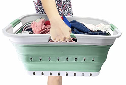 SAMMART 42L (11 gallon) Collapsible Plastic Laundry Basket - Foldable Pop Up Storage Container/Organizer - Portable Washing Tub - Space Saving Hamper/Basket (Grey/Dark Sea Green) - color: Grey/Dark Sea Green