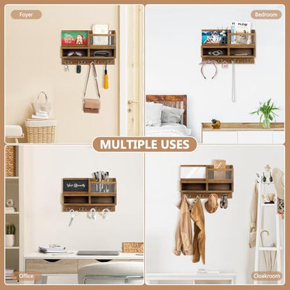 Key Holder Wall Mount, Wooden Mail and Key Organizer with Chalkboard and Mirror, 3 Greeting Cards, 8 Hooks, Brown - color: Brown