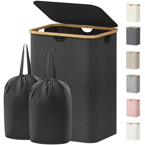 Lifewit 150L Laundry Basket with Lid, Clothes Hampers for Laundry with Bamboo Handles and 2 Removable Bag, Large Foldable Laundry Hamper for Bedroom, Bathroom, Dorm, Laundry Room, Dark Gray - color: Dark Gray, size: 150L
