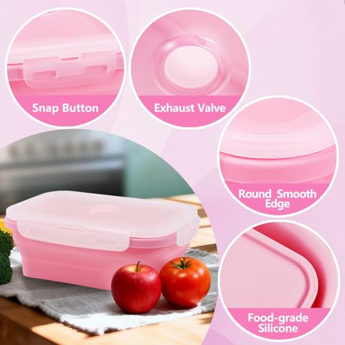 Collapsible Silicone Food Storage Containers with Lids, 3 Pack Foldable Food Containers,Silicone Collapsible Bowls For Camping, Microwave Freezer Dishwasher Safe (Pink 350ml 500ml 800ml)