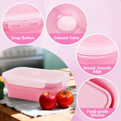 Collapsible Silicone Food Storage Containers with Lids, 3 Pack Foldable Food Containers,Silicone Collapsible Bowls For Camping, Microwave Freezer Dishwasher Safe (Pink 350ml 500ml 800ml)