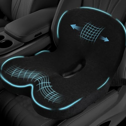 Car Seat Cushion, Memory Foam Driving Cushion with Adjustable Strap, Ergonomic Pad for Car & Semi Truck, Office Chair Cushion for Sciatica & Lower Back Pain Relief, Black - color: Black