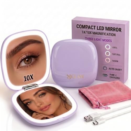 Lighted Makeup Mirror for Women, Portable, LED Light, USB Charging, auto on/Off, 1x/10x Magnification and 3 Light Color Settings, dimmable (Lavender) - color: Lavender