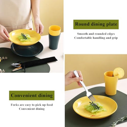 Evanda Camping Cutlery Set, Reusable Light Weight Mug, Plate and Stainless Steel Cutlery Set with Black Bag, Dishwasher Safe - color: 2.2 Person