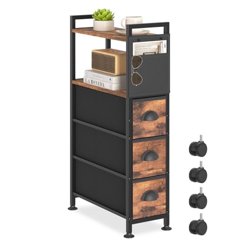 Oppro Small Narrow Side Tables for Small Spaces, Narrow Skinny Bedside Table Nightstand with Drawers&Wheels, Slim Table Stand with Storage Bag for Sofa Living Room Couch Bedroom (Rustic, 3 Drawers) - color: Rustic, size: 3 Drawers