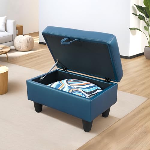 Ottoman, Faux Leather Storage Ottoman Bench, Modern 28.5" Large Square Entryway BenchOttoman with Storage for Living Room/Apartment/Bedroom/Rv Car,Navy Blue - color: Navy Blue, size: 28.5 inch