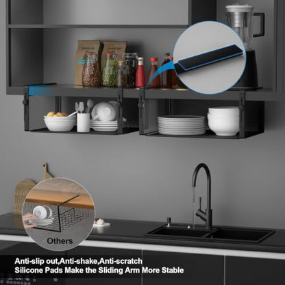AmonHouseware 2Pack Under Shelf Basket Organizer,Adjustable Hanging Holder for Cabinet Pantry Kitchen Cupboard Desk Counter Bookshelf Organization Add-on Space Saver Heavy Duty Slide-in (Black, Large) - color: Black