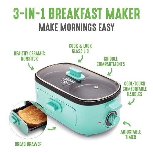 GreenLife 3-in-1 Breakfast Maker Station, Healthy Ceramic Nonstick Dual Griddles for Eggs Meat Sausage Bacon Pancakes and Breakfast Sandwiches, 2 Slice Toast Drawer, Easy-to-use Timer, Turquoise - color: Turquoise