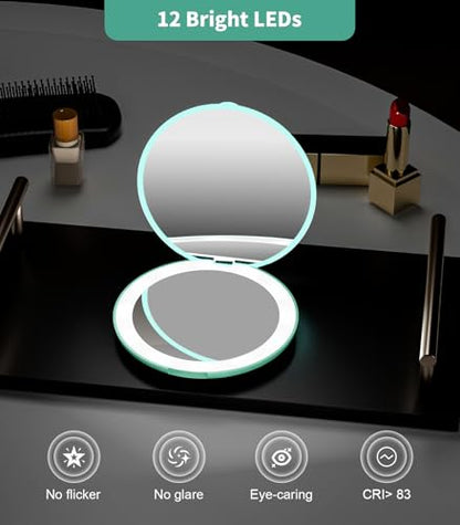 WOBSION LED Lighted Travel Makeup Mirror, 1x/10x Magnification, Compact, Portable for Handbag, Purse, Pocket, 3.5 inch Illuminated, Folding, Handheld, 2-Sided, Round, Cyan - color: 3.5inch Battery Cyan