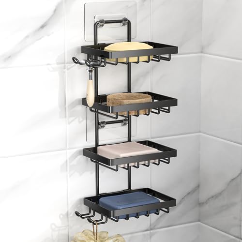Moforoco 4 Tier Soap Bar Holder for Shower, No Drilling, 304 Stainless Steel, Wall Mounted Soap Holder with 4 Hooks and Razor Holder, Shower Rack Soap Tray Bar Soap for Bathroom Accessories Organizer - color: Black, size: 4-T Adhesive