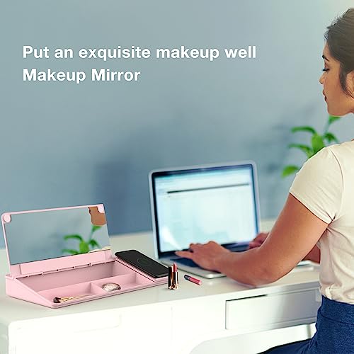 TOWON Desktop Glass Whiteboard with Charger Pad, Small Desk Whiteboard - Glass Dry Erase White Board- Desk Computer Buddy with Storage, Mirror and Charging Station, Pink, 17 x 6 in - color: Pink Charger