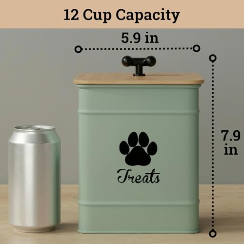 Dog Treat Container Airtight - 6 Inch Wide x 8 Inch Tall Iron Dog Treat Jar for Kitchen Counter with Airtight Bamboo Lid - 12 Cup Capacity Pet Treat Container - Doggie Cookie Jar - Big Treats Canister - color: Sage Green